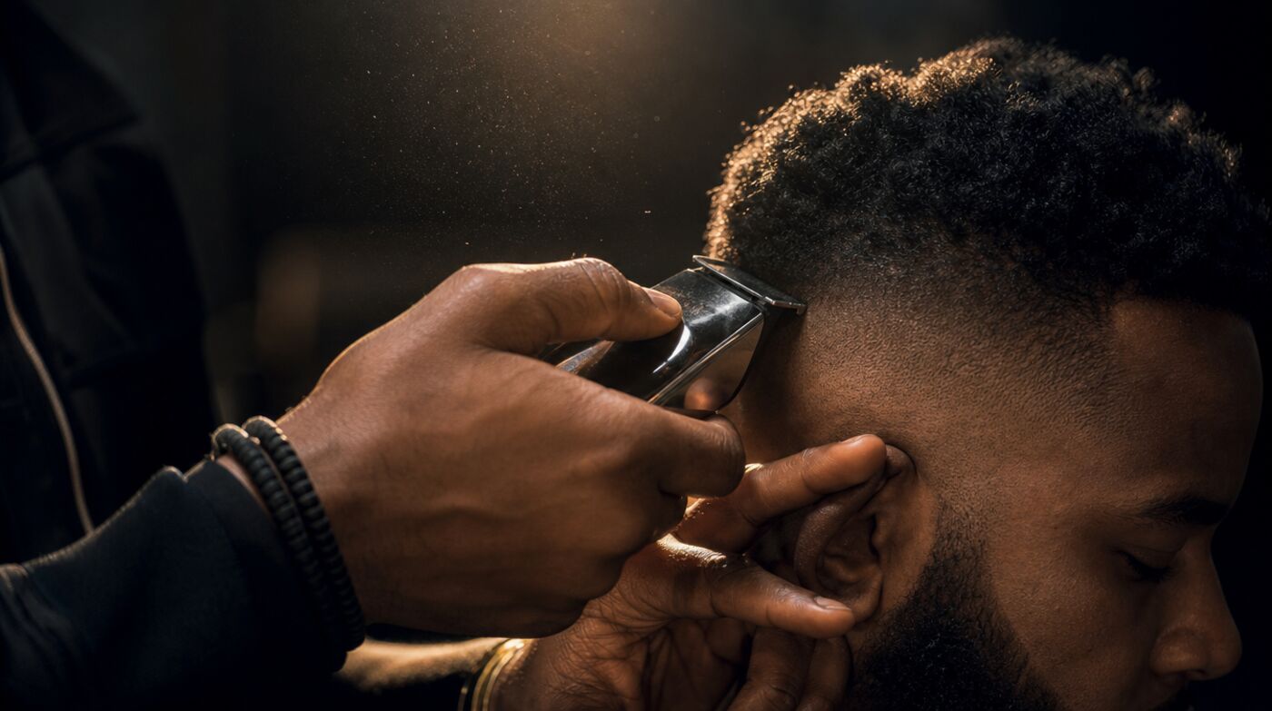 A barber finishing a precise skin fade