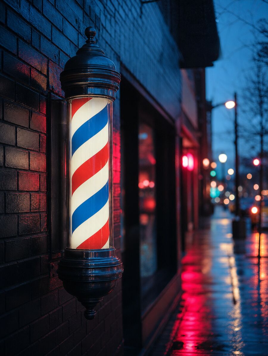 A barber pole glowing at dusk
